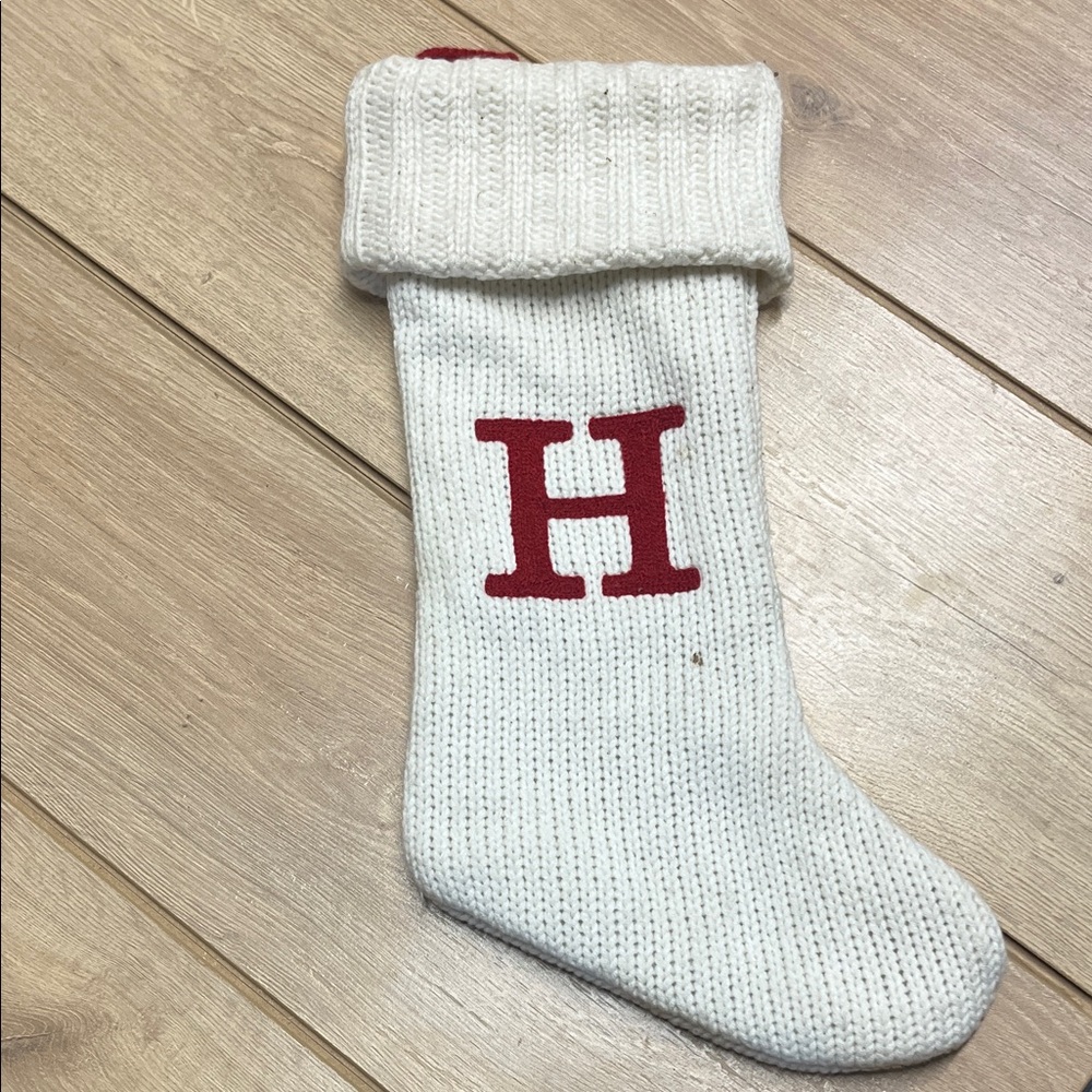 White Vintage Knit Stocking with Red Initial